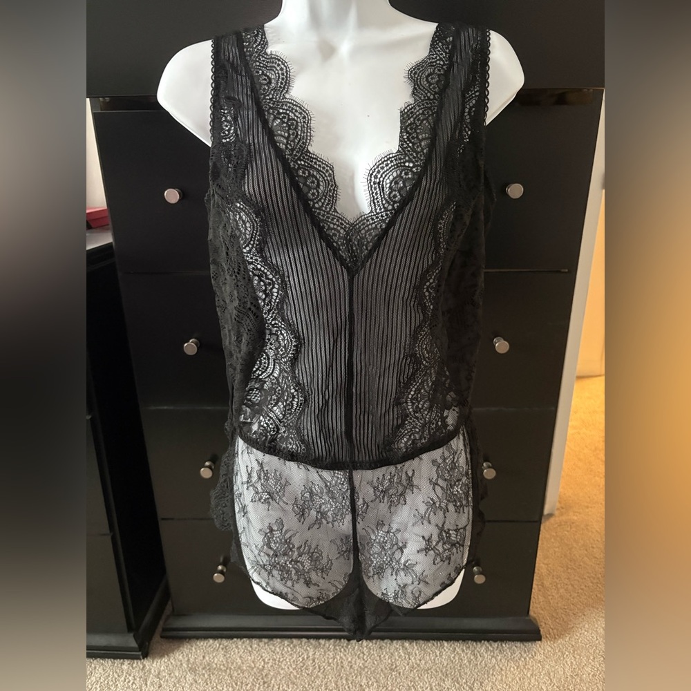 Victoria's Secret Black Lace & Sheer V-Neck Romper